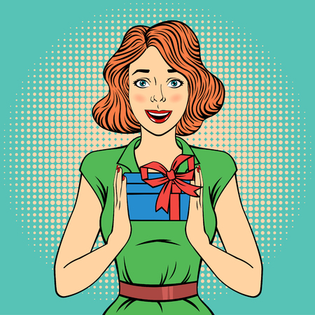 Pop Art Happy Woman Holding a Gift. Vector illustration in comic styleのイラスト素材