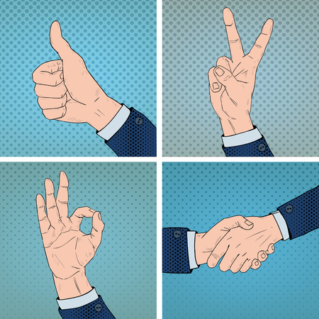 Hand Gestures Set in Comic Pop Art Style. Vector illustrationのイラスト素材