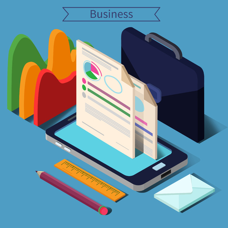 Modern Business Life Isometric Concept with Smart Phone, Charts and Documents. Vector illustrationのイラスト素材