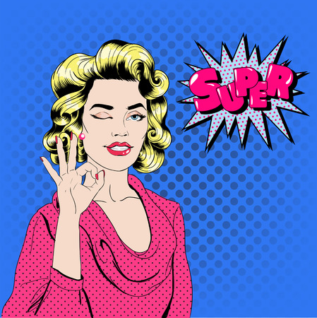 Pop Art Woman Gesturing Okay with Expression Super. Vector illustration in comics styleのイラスト素材