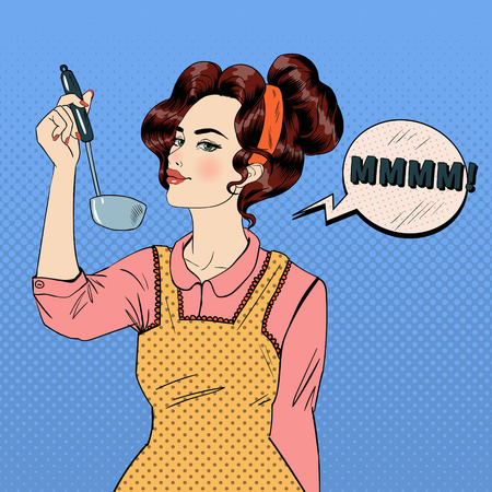 Attractive Woman in Pop Art Style Cooking in the Kitchen. Vector illustration in comic styleのイラスト素材
