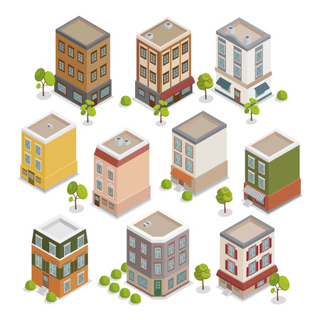 Isometric City Buildings Set. European Houses with Trees and Plants. Vector illustrationのイラスト素材