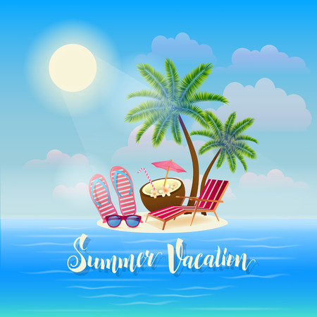 Summer Beach Vacation Banner. Exotic Tropical Island with Palm Trees, Sunglasses and Cocktail. Vector illustrationのイラスト素材