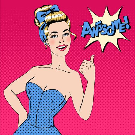 Pop Art Style Woman Gesturing Great with Expression Awesome. Vector illustration in pin-up styleのイラスト素材
