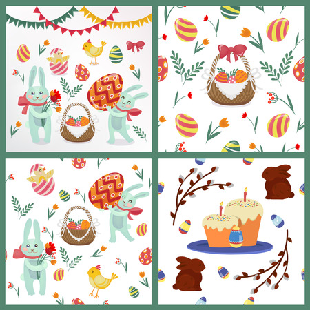 Happy Easter Set of Backgrounds and Elements - Rabbits, Eggs, Chicks, Flowers and Garlands. Vector illustrationのイラスト素材