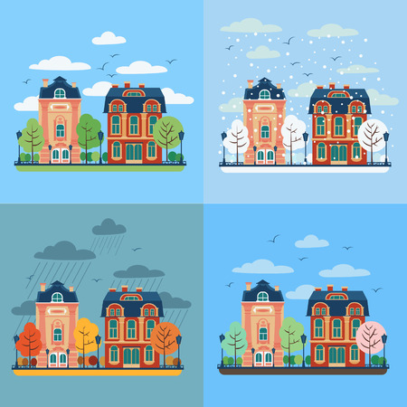 European City Urban Landscape with Vintage Houses and Trees in Four Seasons. Vector illustration in flat styleのイラスト素材