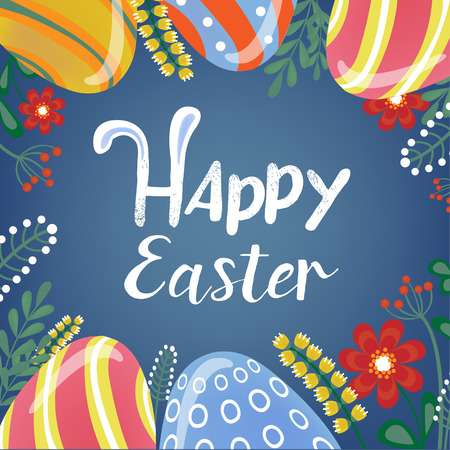 Happy Easter Greeting Card with Lettering, Easter Eggs and Flowers. Vector illustrationのイラスト素材