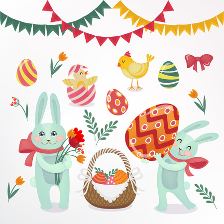 Happy Easter Set of Elements - Rabbits, Eggs, Chicks, Flowers and Garlands. Vector illustrationのイラスト素材