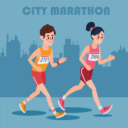 City Marathon Runners. Man and Woman Running Through the Town. Vector illustration in flat styleのイラスト素材