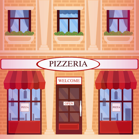 Pizzeria Restaurant Building in flat style. Vector illustrationのイラスト素材