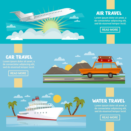 Horizontal Travel Banners Set with Airplane, Car and Ship. Vector illustrationのイラスト素材