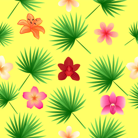 Tropical Flowers and Leaves Seamless Pattern. Vector backgroundのイラスト素材