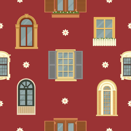 Architectural Seamless Pattern with Detailed Vintage Windows. Vector background in flat styleのイラスト素材