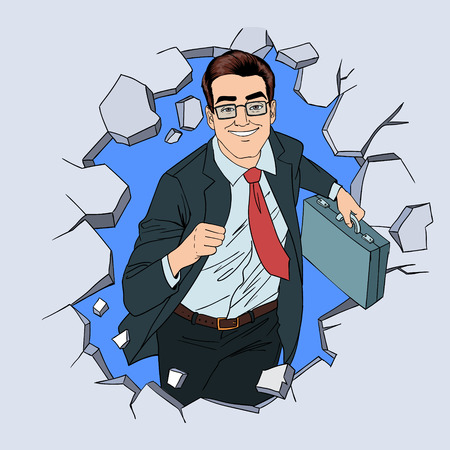 Success in Business Pop Art Concept. Businessman Breaking the Wall.のイラスト素材