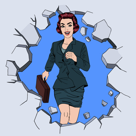 Success in Business Pop Art Concept. Businesswoman Breaking the Wall.のイラスト素材