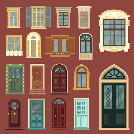 Architectural Set of European Vintage Doors and Windows.のイラスト素材