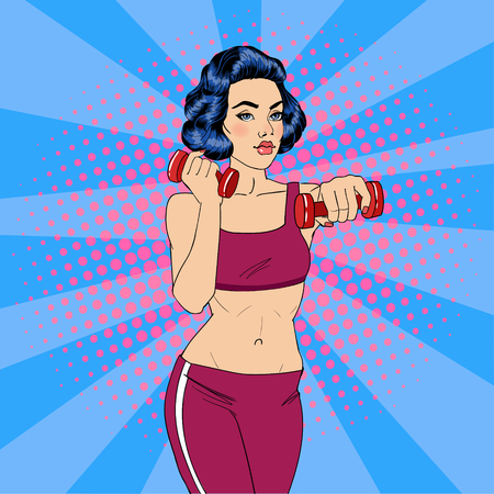 Pop Art Woman Doing Exercices with Dumbbells. Fitness, Workout, Yoga, Pilates.のイラスト素材