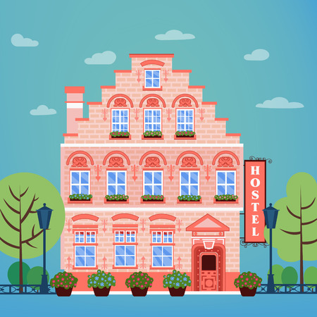 Vintage European City Hostel. Travel Industry Hotel Building Facade.のイラスト素材
