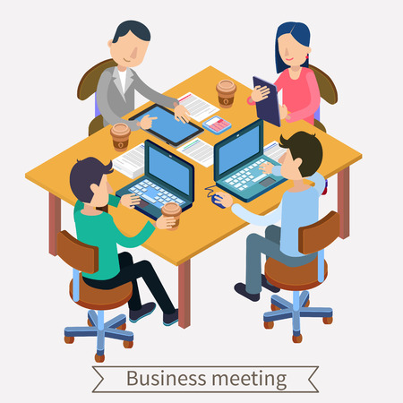 Business Meeting and Teamworking Isometric Concept. Office Workers with Laptops, Tablets and Documents.のイラスト素材