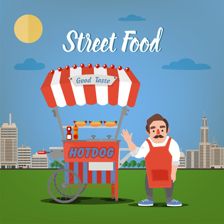 Street Food Concept with Burger Food Truck and Seller in the Megapolis.のイラスト素材