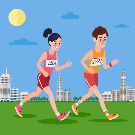 City Marathon Runners. Man and Woman Running Through the Town.のイラスト素材