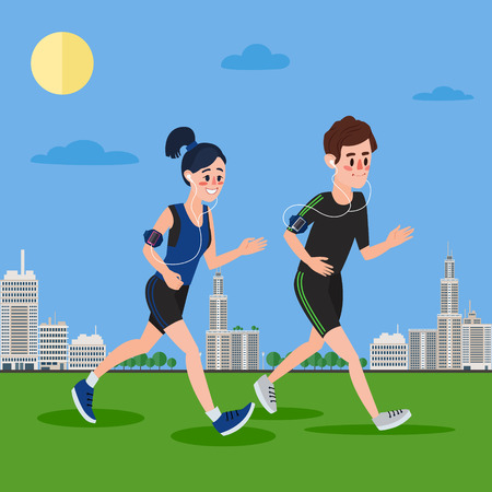 Man and Woman with Headphones Running in the Megapolis.のイラスト素材