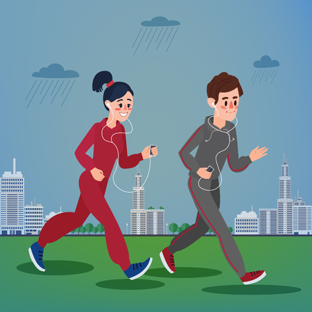 Man and Woman with Headphones Running in the Megapolis under Rain.のイラスト素材