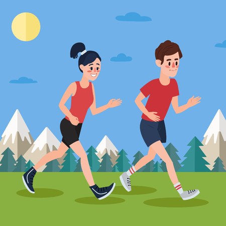 Man and Woman Running in the Woods and Mountains.のイラスト素材
