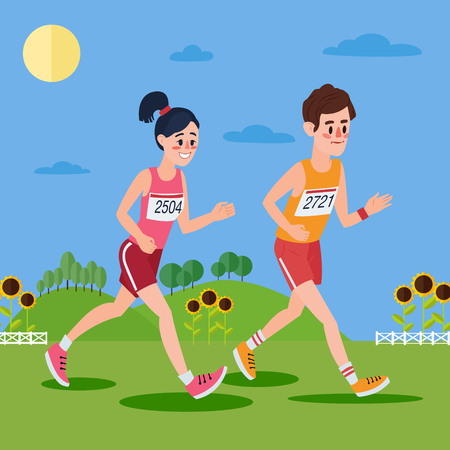 Marathon Runners. Man and Woman Running in the Hills and Sunflowers.のイラスト素材