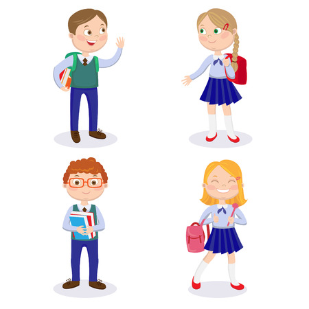School Kids with Backpacks and Books. Happy Boys and Girls Go to School.のイラスト素材