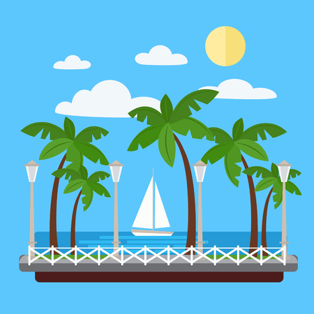 Seaside Promenade with Palm Trees and Yacht.のイラスト素材