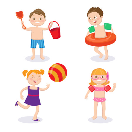 Summer Vacation Concept. Happy Kids Wearing Swimsuits Having Fun.のイラスト素材