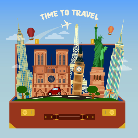 Time To Travel Banner. Suitcase Full of World Famous Places with Airplane in the Sky.のイラスト素材