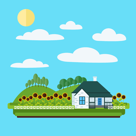 Village Landscape with House, Trees and Sunflowers.のイラスト素材