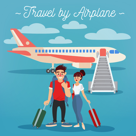 Airplane Travel. Travel Banner. Tourism Industry. Active People. Girl with Baggage. Man with Baggage. Happy Couple. Vector illustration. Flat Styleのイラスト素材