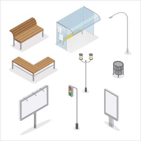 Urban Objects. Traffic Light. City Bench. Bus Stop. Street Light. Advertising Billboard. Trashcan. City Light. Isometric Object. Isometric City. Vector illustrationのイラスト素材
