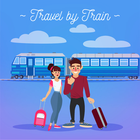 Train Travel. Travel Banner. Tourism Industry. Active People. Girl with Baggage. Man with Baggage. Happy Couple. Vector illustration. Flat Styleのイラスト素材