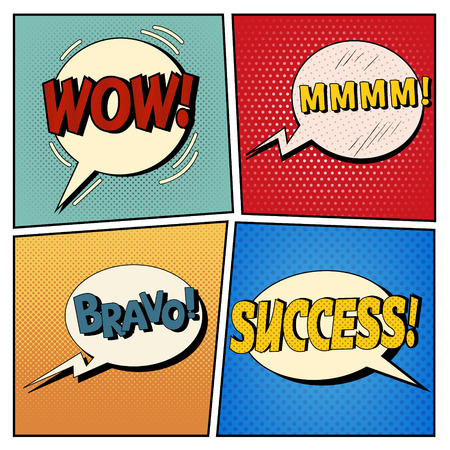Comic Bubbles Set. Expressions Wow, Mmmm, Bravo, Success. Halftone Background. Pop Art. Vector illustrationのイラスト素材