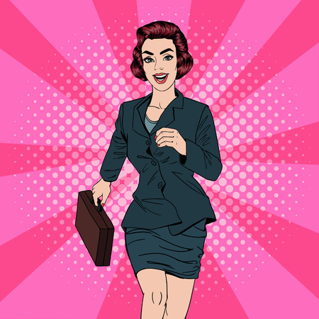 Illustration pour Business Woman. Happy Woman. Woman with Suitcase. Pop Art Banner. Successful Woman. Success in Business. Vector illustration - image libre de droit