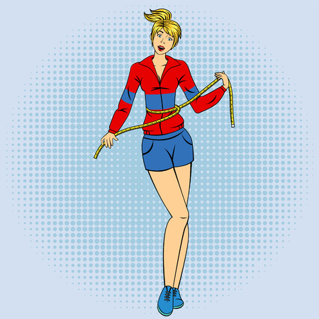 Woman with Tape-measure. Fitness Workout. Health Care. Beauty Concept. Female Beauty. Healthy Lifestyle. Pop Art Banner. Vector illustrationのイラスト素材