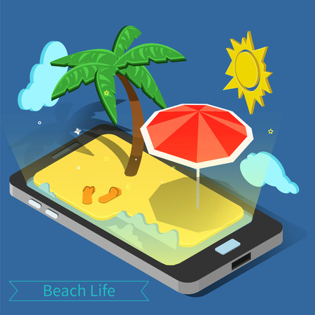 Beach Vacation. Summer Time. Tropical Vacation. Exotic Island. Advertisement Banner. Phone with Tropical Island. Palm Trees. Isometric Concept. Vector illustrationのイラスト素材