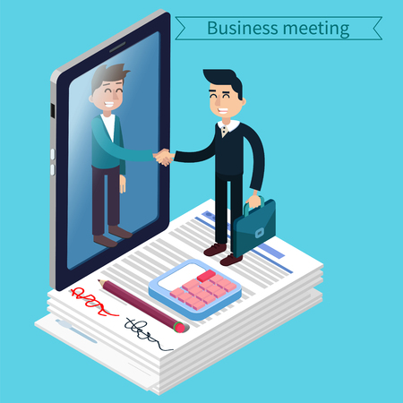 Business Meeting. Man with Suitcase. Business Man. Success in Business. Agreement Signing. Successful Negotiations. Isometric Concept. Vector illustrationのイラスト素材