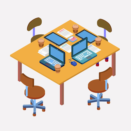 Office Workplace. Modern Workspace. Business Meeting. Team Working. Work Process. Isometric Concept. Laptop, Computer, Tablet. Vector illustrationのイラスト素材