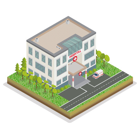 Hospital Building. City Hospital. Medical Center. Isometric Concept. Ambulance Car. Emergency Car. Vector illustrationのイラスト素材