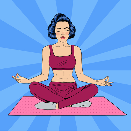 Woman in Yoga Pose. Woman Meditation. Yoga Woman. Lotus Pose. Girl Meditating.  Pop Art Banner. Vector illustrationのイラスト素材