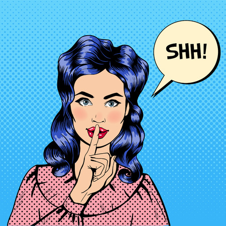Woman with Silence Sign. Girl Asking for Silence. Finger Silence Gesture. Pop Art Banner. Pin Up Girl. Comic Style. Shh Bubble. Vector illustrationのイラスト素材