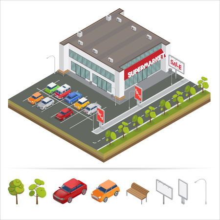 Isometric Supermarket. Car Parking. City Supermarket. Isometric Car. Shopping Mall. Supermarket Building. Shopping Center. Isometric Building. Vector illustrationのイラスト素材