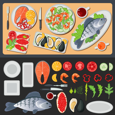 Sea Food. Healthy Food. Prepared Fish. Vegetables and Fish. Seafood Menu. Fish and Shrimps. Seafood Cuisine. Vector illustration. Flat styleのイラスト素材