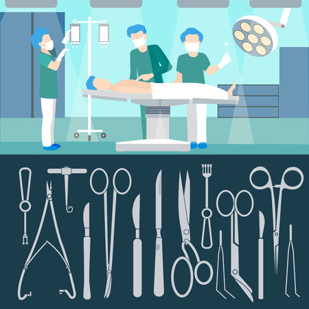 Surgery Operation. Medicall Staff. Hospital Room. Surgery Operating. Medical Insurance. Surgery Tools. Surgical Instruments. Vector Illustrationのイラスト素材