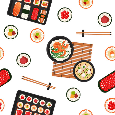 Japanese Food. Sea Food. Sushi Background. Seamless Pattern. Sushi with Different Rolls, Soup and Rice. Vector illustration. Flat styleのイラスト素材
